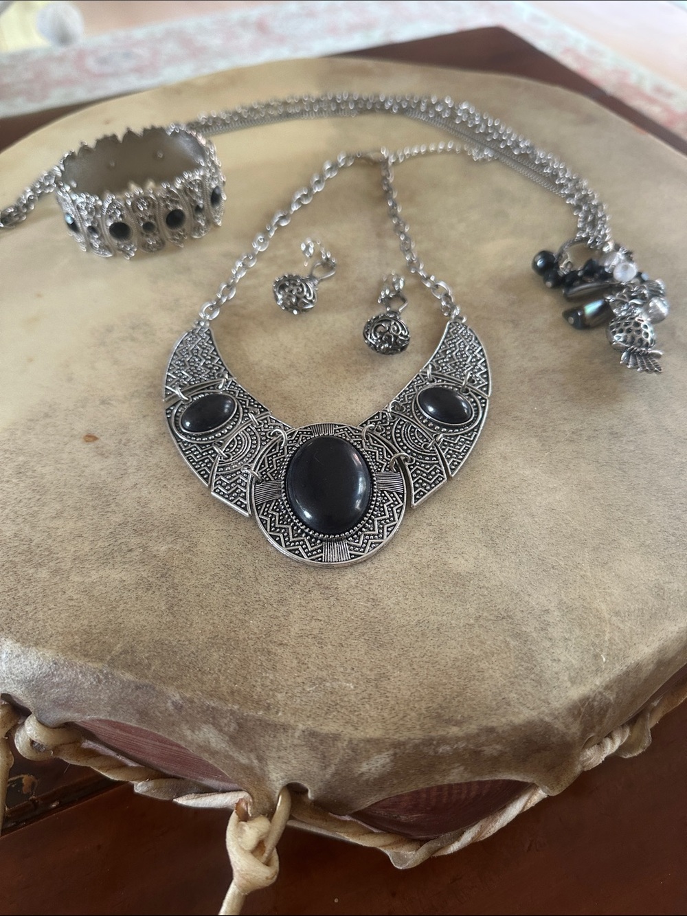 Bohemian Black Stone Silver-Tone Statement Necklace and Earring Set